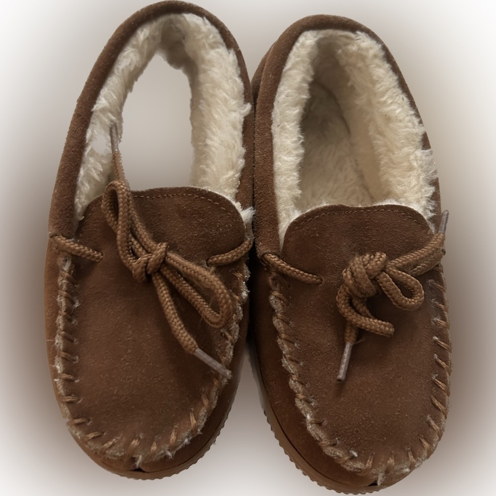 $10 sale Lam Kids 1 Y Moccasin Slippers Brown Suede Faux Sherpa Lined 👠S26K